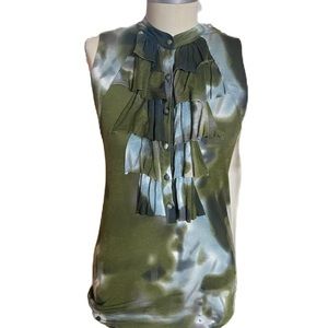 Cabi sleeveless top with ruffles and buttons.
